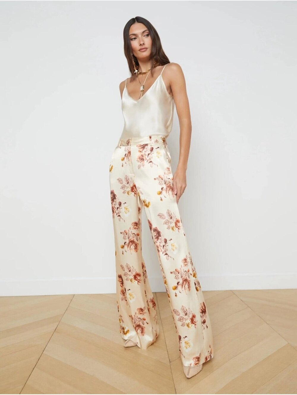 L'Agence Rose Printed Pilar Wide-Leg Pants Cream Floral Satin Size 2 Chic French
